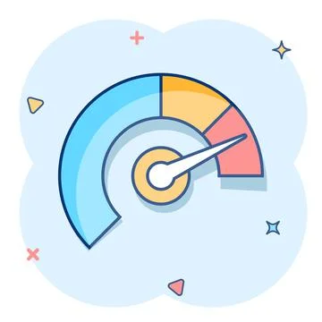 Meter dashboard icon in comic style. Credit score indicator level vector cart Stock Illustration