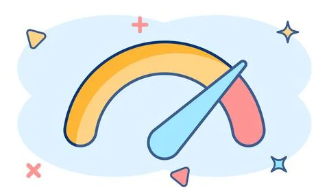 Meter dashboard icon in comic style. Credit score indicator level vector cart Stock Illustration