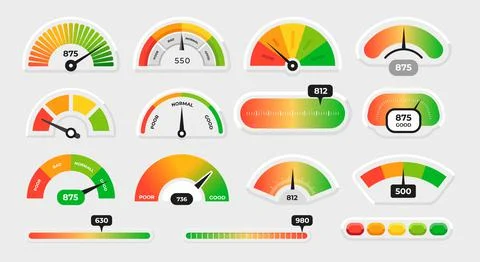 Meter level. Score measure graphic dial with different colors. Speedometer gauge Stock Illustration