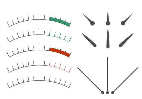 Meter scales with arrows. The measuring device icons set. Sign tachometer Stock Illustration