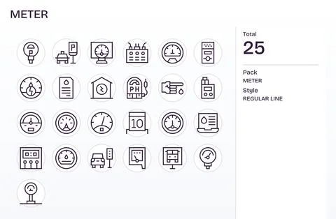 Meter Vector Icon Repository containing 25 Regular Line High Resolution Gri.. Stock Illustration
