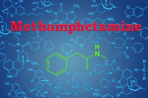 Methamphetamine, chemical formula, molecular structure. 3D rendering Stock Illustration