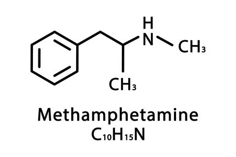 Methamphetamine molecular structure. Methamphetamine skeletal chemical formula Stock Illustration