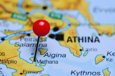 Methana pinned on a map of Greece Foto stock