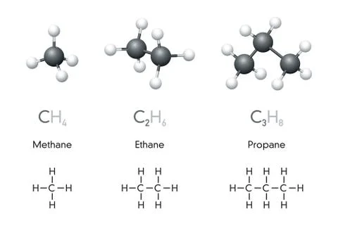 Methane, ethane, propane molecule models and chemical formulas Stock Illustration