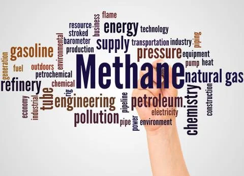 Methane word cloud and hand with marker concept Stock Photos
