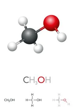 Methanol, CH3OH, molecule model and chemical formula of methyl alcohol Stock Illustration