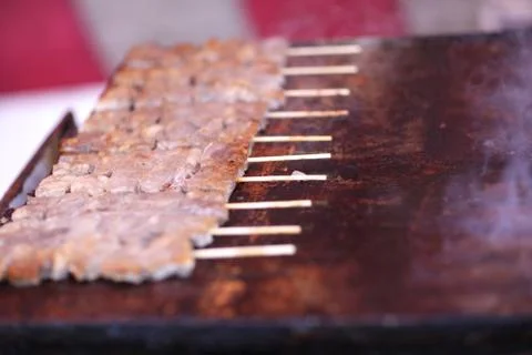 Method of preparation of square pieces of meat on skewers on a plate outdoors Stock Photos