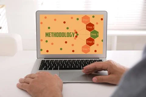 Methodology concept. Man using modern laptop at white table indoors, closeup Stock Photos