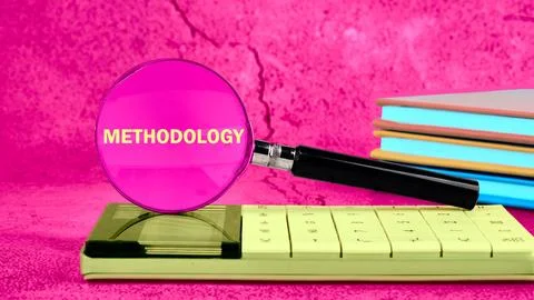 METHODOLOGY CONTEPT. METHODOLOGY word through a magnifying glass on a calcula Stock Photos
