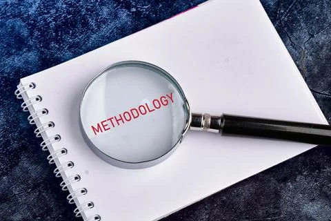 METHODOLOGY CONTEPT. METHODOLOGY word through a magnifying glass in a noteboo Stock Photos