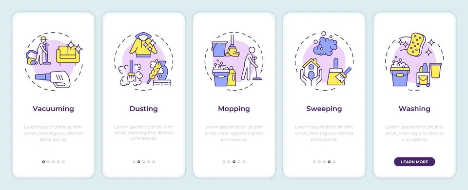 Methods of cleaning onboarding mobile app screen Stock Illustration