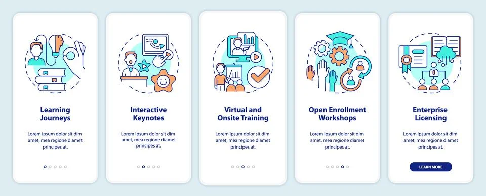 Methods for learning experience onboarding mobile app screen Stock Illustration