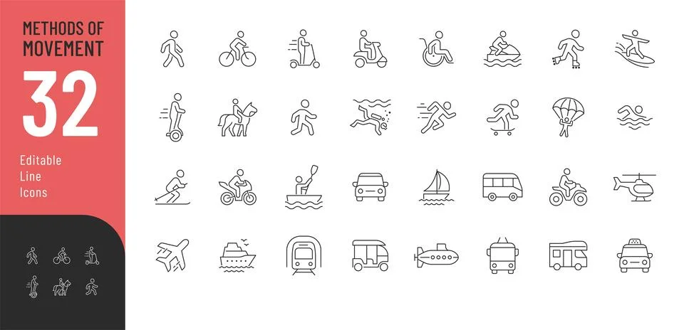 Methods of Movement Line Editable Icons set. 스톡 일러스트