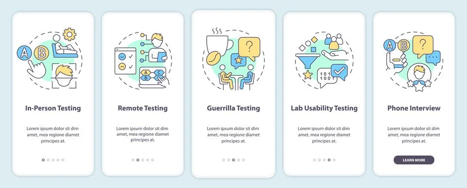 Methods for usability testing onboarding mobile app screen Stock Illustration