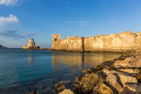 The Methoni castle and the Bourtzi tower on the southern cape of Peloponnese Stock Photos
