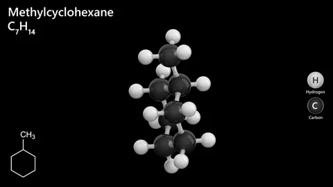 Methylcyclohexane. Cycloalkane. 3D model. C7H14. Black background. 3D render Vídeo Stock 295993547