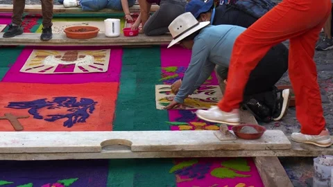 Meticulous process of creating "alfombras" or sawdust carpets, Stock Footage 323494304
