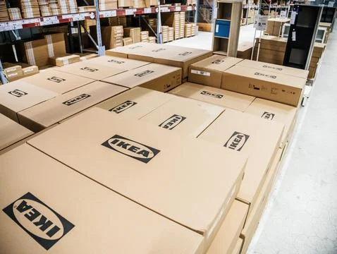 Meticulously Organized IKEA Boxes for Quick Purchase Fotos de archivo