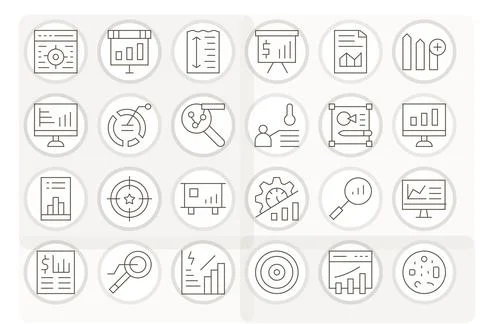 Metrics Vector Icon Toolkit featuring 24 Grid Fitted 64x64 Thin Line elements Stock Illustration