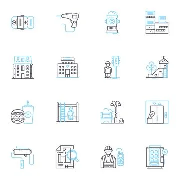 Metro area linear icons set. Urban, Bustling, Multicultural, Vibrant, Diverse Stock Illustration