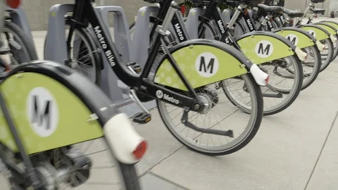 Metro Bike Share Dolly Backwards Close Up Stock Footage