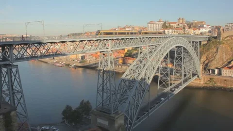 Metro Bridge Built by Eiffel between the cities of Porto and Gaia, Portugal Stock Footage 80629624