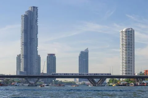 Metro bridge with train off "BTS SkyTrain", Bangkok Stock Photos
