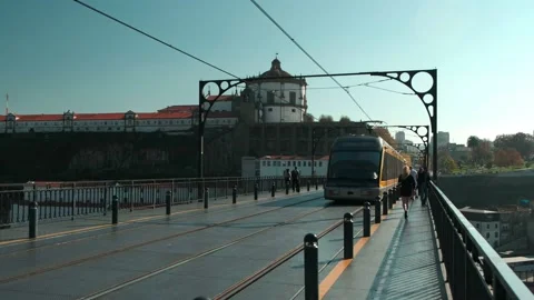 Metro deck on the bridge of - D. Luís I. City of Oporto in Portugal. Stock Footage 203906593