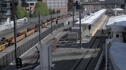 Metro Light-rail urban train tracks and Station Stock Footage 81453492