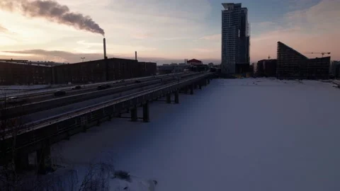Metro over bridge during winter, Helsinki by drone Stock Footage 235371078