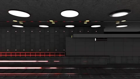Metro Platform Side View with Oval Ceiling Lights and Rushing Train Stock Footage 346780800