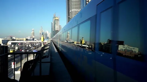 A metro returns to the station in Dubai, UAE Video stock 64219685
