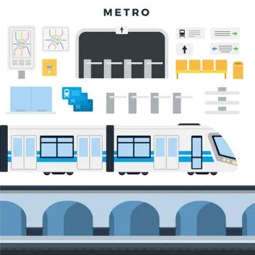 Metro station, train, map, navigation, passenger seats, turnstile, tickets Stock Illustration