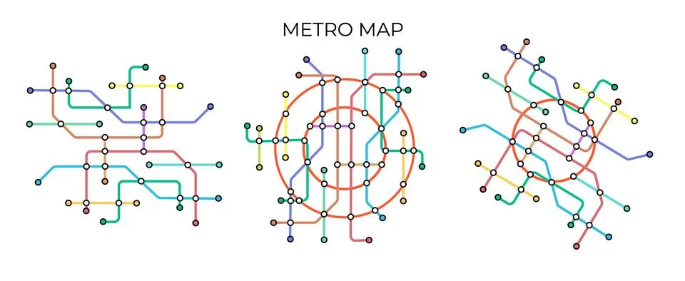 Metro stations and plan of subway with. Fictional metro map of underground Ilustración de archivo