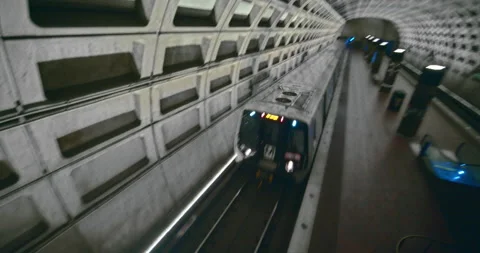 Metro subway system, Washington D.C. Train entering station overhead view Stock Footage 138832708