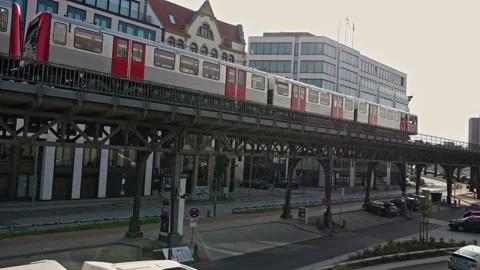 Metro Subway Train Passing Elevated Line in Hamburg Next To Baumwall Station Stock-Footage 168493980
