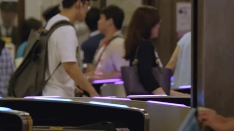 Metro traffic peopole Validate  a tickets. Human flood Stock Footage 80427264