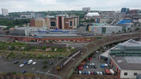 Metro Train Arriving Through Major Urban Rail Network, Aerial Hyperlapse Stock Footage 340074513