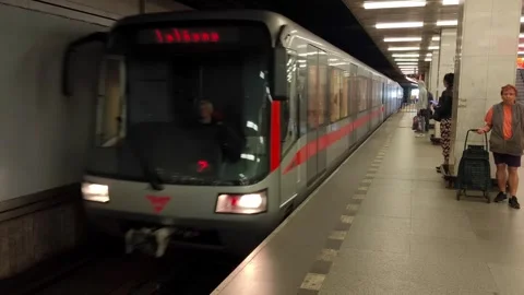 Metro train arriving at an underground station platform in Prague, Czech Stock Footage 327423121