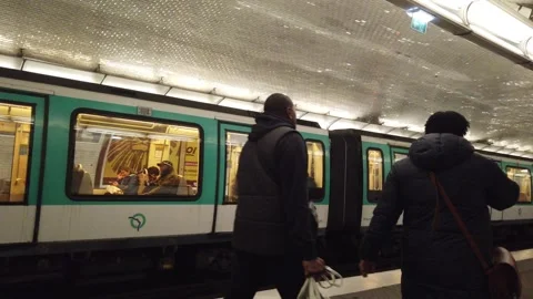 Metro Train Closing its Doors at Hoche Paris Station Rail with People Stock Footage 255118567