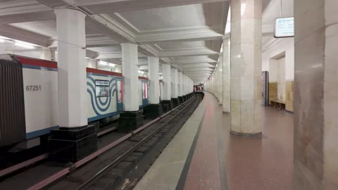 Metro Train Departs Curved Platform at Aleksandrovsky Sad Moscow Stock Footage 342075460
