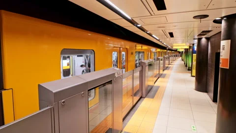 Metro Train on Ginza Line close the door and leave Ginza Station Video stock 189490758