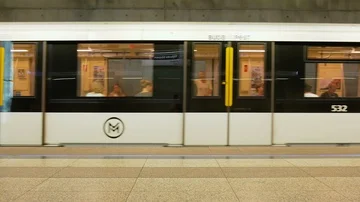 Metro train is leaving the station of Budapest underground. Stock Footage 86090224