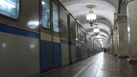 Metro train is leaving the subway station. view of underground platform with Stock Footage 202049641