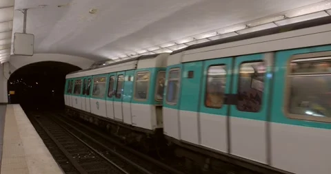 Metro Train Leaving Underground Subway Station In Paris, France. static Stock Footage 255923965