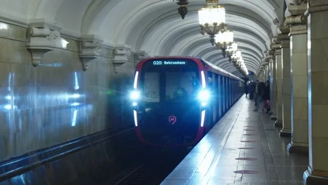 Metro train with the name of the route number 20 going to Belorusskaya station Stock Footage 202049185