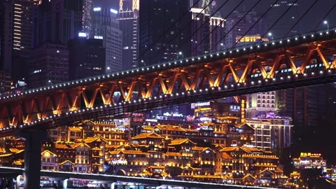 Metro Train Passing Over Qiansimen Jialing River Bridge At Night,Chongqing,China Stock-Footage 164955700