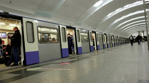 The metro train is standing at the platform with the doors open. Stock Footage 199599749