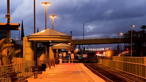 Metro train station at dusk - time lapse Stock Footage 87757481